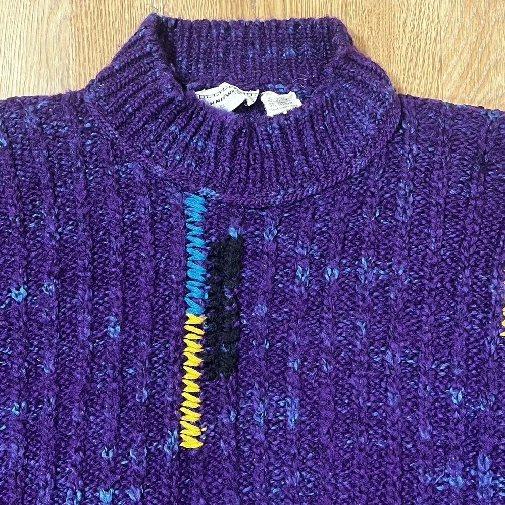 90s Belvedere Knitwear Italy‎ Purple Wool Alpaca Abstract Chunky Sweater L Mens